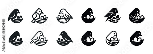 Variety of bird nest icons featuring birds with eggs in different stylized designs
