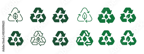 Diverse green recycling symbols with leaf icons in various styles
