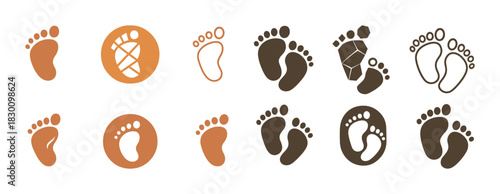 Set of brown footprint icons in varied artistic styles on white background