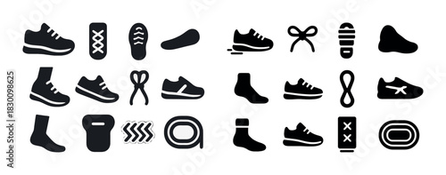 Footwear icons: sneakers, laces, soles, socks, and shoe shapes in black and white