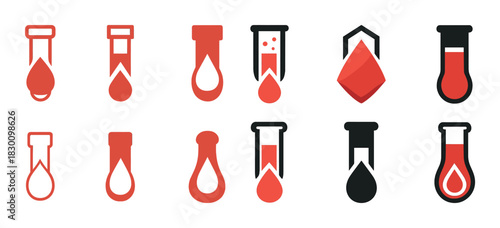 Colorful blood donation icons set with test tubes and blood drops