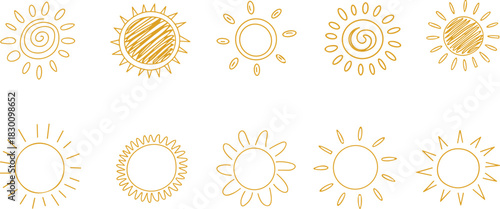 Clean set of minimal sun illustrations created with decorative hand-drawn outlines.