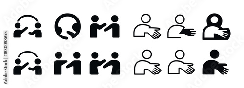 Set of minimalist human interaction icons in black and white
