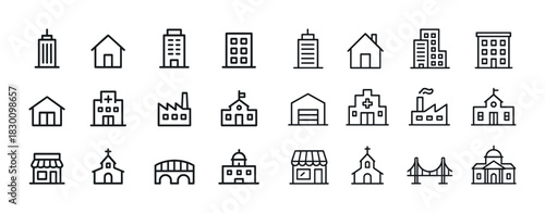 Set of 20 minimalist building icons including houses, factories, churches, bridges, skyscrapers