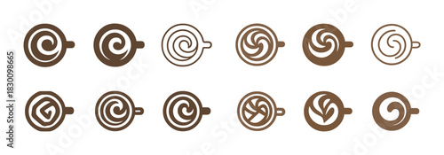 Coffee cup icons with various latte art swirl designs in brown tones