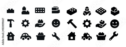 Set of construction and toy block icons in black silhouette design