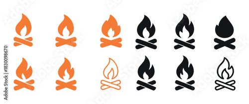Variety of campfire icons in orange and black designs