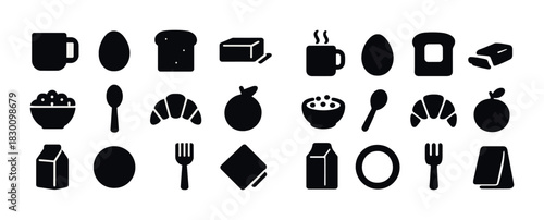 Breakfast food and drink icons set: coffee, eggs, bread, butter