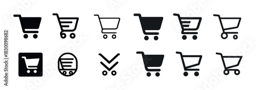 Variety of shopping cart icons in black silhouettes