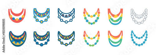 Colorful and geometric icon set of decorative necklaces in various designs