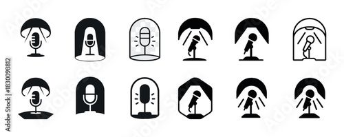Microphone and person icon set representing sound, speech, and listening concepts