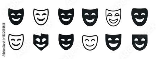 Variety of theater masks showcasing different expressions in black and white