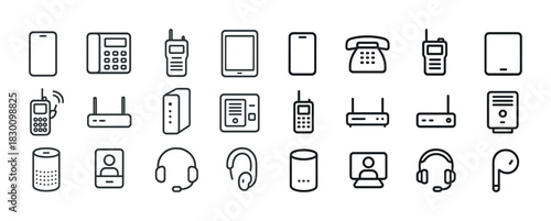 Collection of communication device icons in simple black line style