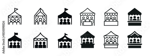 Black and white festival booth icons set with tents and people