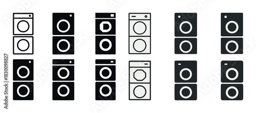 Set of various washing machine icons in black and white