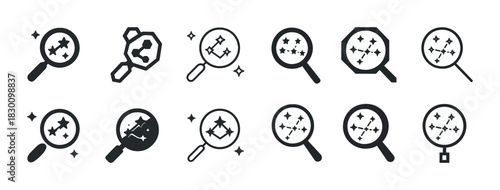 Magnifying glass icons with geometric stars