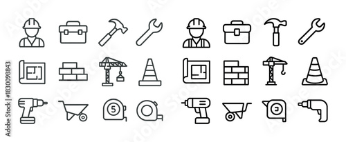 Construction icon set: tools, equipment, workers, plans, and safety elements