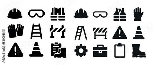 Safety equipment icons: helmets, goggles, vests, gloves, boots, traffic cones, warning signs