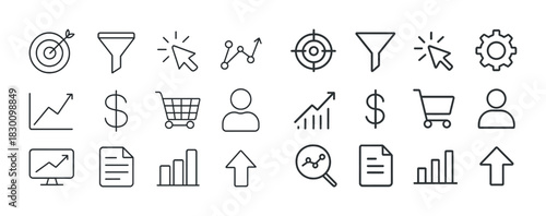 Minimalist business and analytics icon set for digital marketing and data analysis