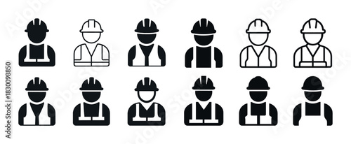 Set of hard hat worker icons in various styles