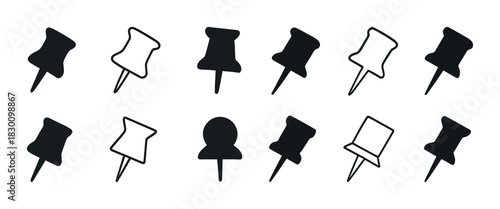 Assorted black and white push pin icons on white background