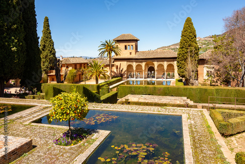 Ladies tower of Alhambra palace and gardens of Partal, Granada, Spain