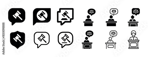 Gavel and courtroom icons: justice, legal, communication, discussion, law