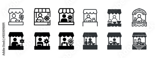 Set of 10 market stall icons featuring vendors and various goods