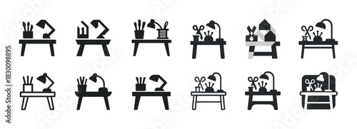 Collection of desk icon designs with lamps and stationery