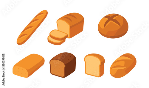 Bread and bakery assortment, loaf, baguette, flat vector illustration