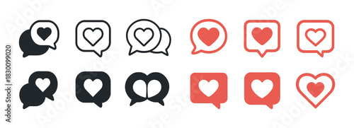 Heart icon set in speech bubble styles for social media and communication