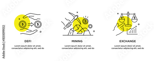 Set of illustrations concept with cryptocurrency. technology, coin, financial, business