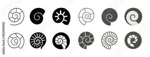 Abstract spiral shell icons in black and white design
