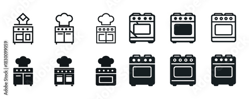 Vector icons of kitchen stoves and chef hats in black and white
