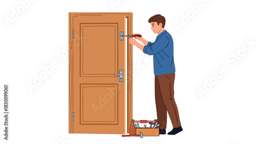 Handyman fixing a wooden door lock with tools on the floor