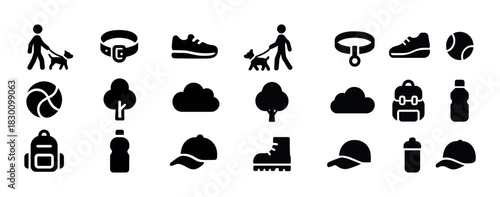 Silhouette icons: dog walking, accessories, and outdoor activities