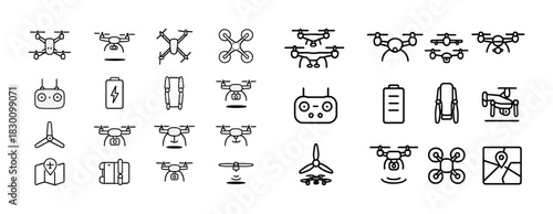 Drone icons set: controllers, batteries, propellers, maps, aerial technology
