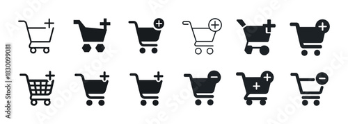 Black and white shopping cart icons collection with plus and minus signs