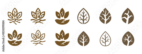 Set of organic leaf and tree icons for eco-friendly design projects