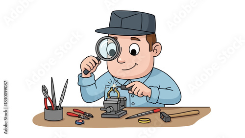 Meticulous craftsman using magnifying glass to inspect and work on small details, engaged in precision engineering, jewelry making, or a dedicated hobby craft