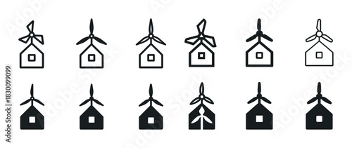Evolution of windmill house icons in linear and bold styles