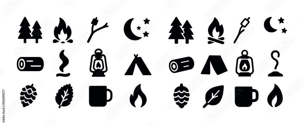 Fototapeta premium Camping icons collection: nature, campfire, tent, lantern, moon, trees, mugs