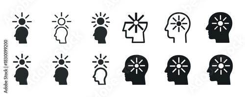 Silhouette heads with sun and gear icons illustrating ideas and innovation