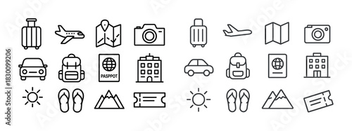 Travel icons: passport, luggage, airplane, camera, map, car, sun, mountains