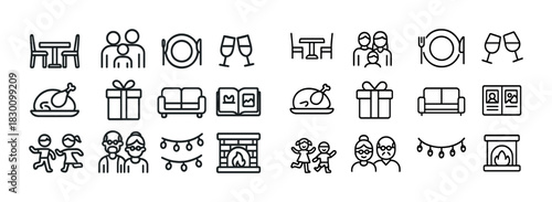 Minimalist holiday icons: dining, gift, celebration, and family themes