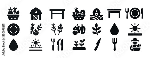 Farm fresh vegetable icons: basket, barn, harvest, gardening, meal, sun