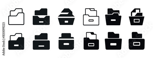 Set of black and white file folder icons in various styles