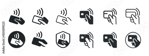 Contactless payment icons set: hand holding nfc credit card illustrations
