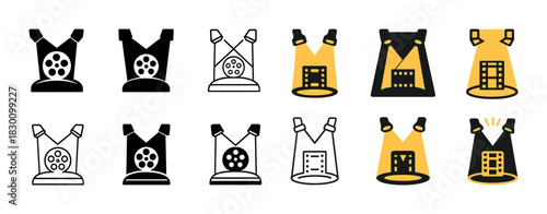 Cinema icons set: projectors, screens, spotlights in black and yellow designs