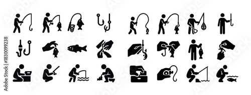 Fishing icons set: silhouettes of anglers, fish, hooks, and tackle tools
